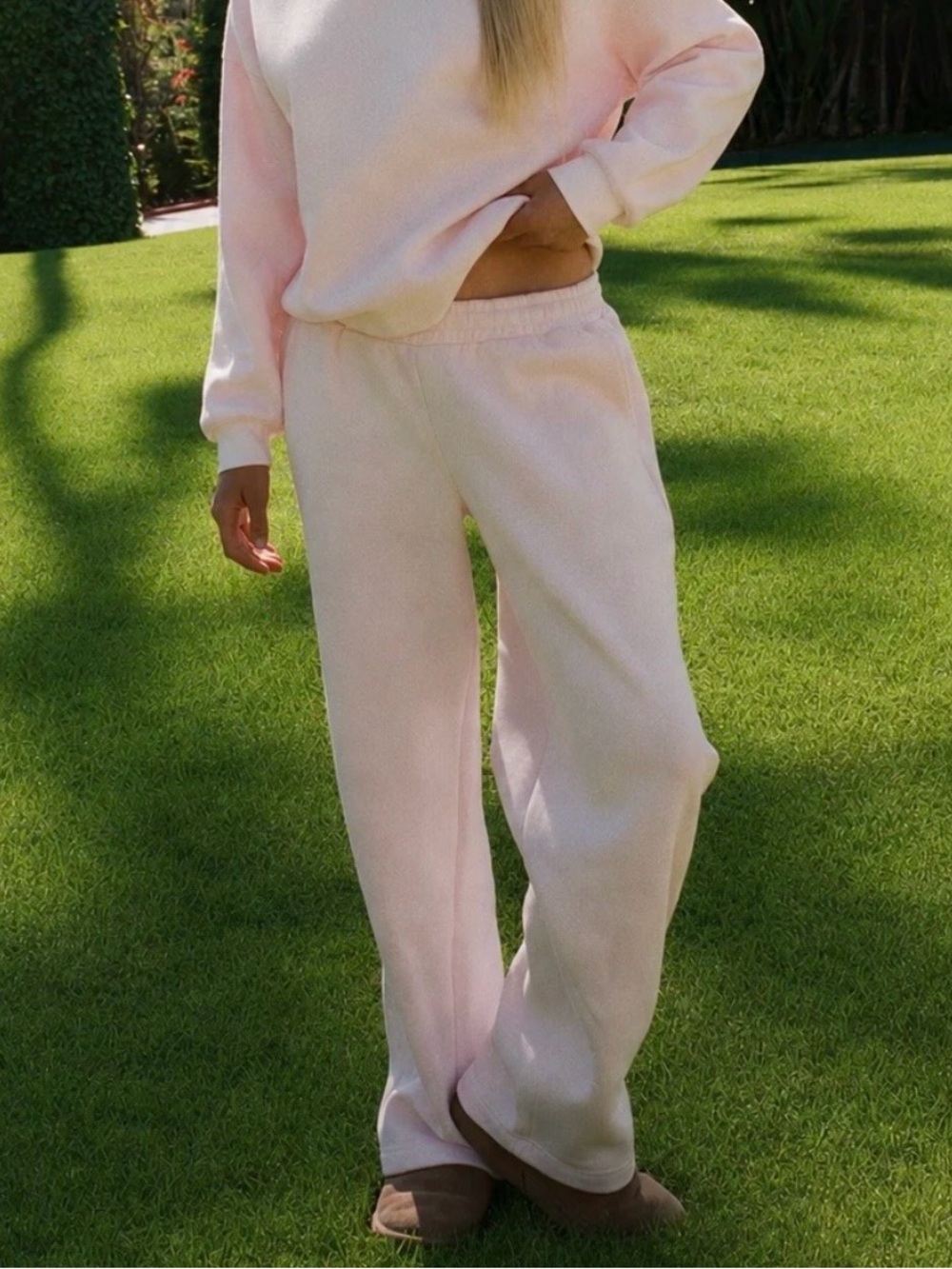 Pink Palm Puff “Lacey" Wideleg Sweatpants in Angel Pink